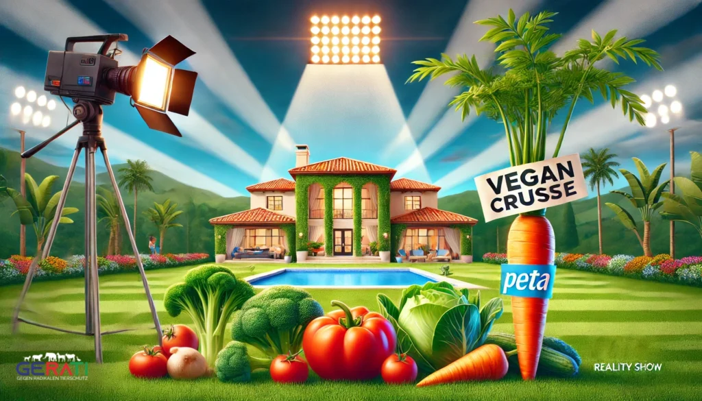 Titelbild für den Artikel "Sommerhaus der Stars", mit großen Gemüsearten wie Karotten und Brokkoli im Vordergrund, während PETA im Hintergrund mit einem Banner für vegane Ernährung wirbt. Die Teilnehmer der Show reagieren überrascht.