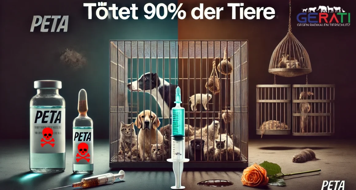 Titelbild zum Artikel über PETAs Praxis, 90 % der Tiere zu töten, mit einer geteilten Darstellung: Links eine positive Darstellung von Tieren, rechts ein dunkler Käfig mit einer verwelkten Blume und einem Giftfläschchen.