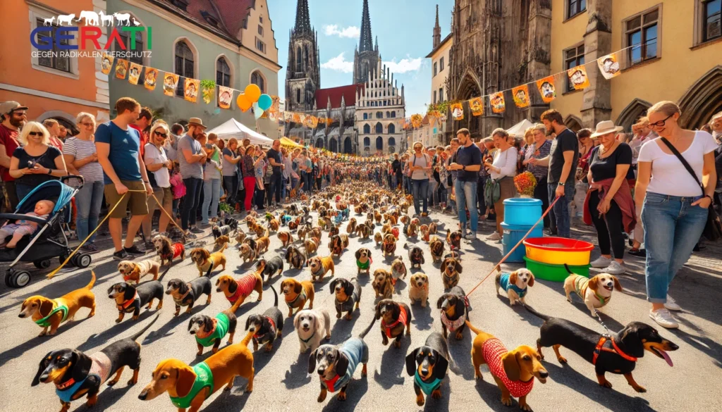 Eine bunte Szene der Dackelparade in Regensburg, bei der Hunderte von Dackeln in den Straßen der historischen Altstadt spazieren, begleitet von jubelnden Menschen und Sonnenschein. Im Hintergrund ist die alte Architektur der Stadt sichtbar.