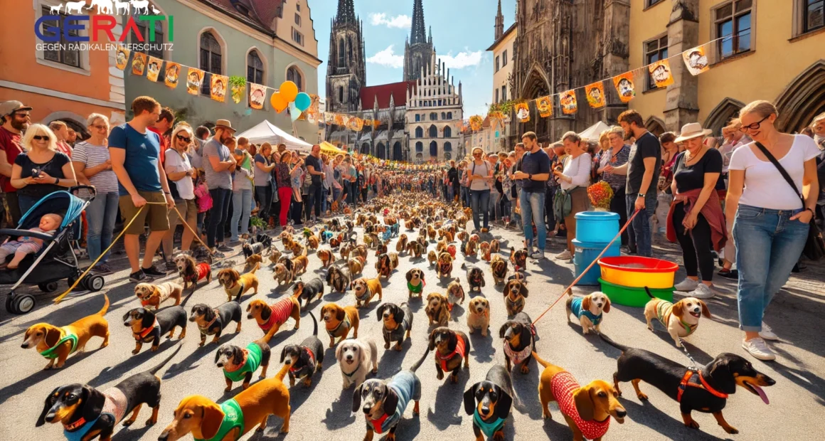 Eine bunte Szene der Dackelparade in Regensburg, bei der Hunderte von Dackeln in den Straßen der historischen Altstadt spazieren, begleitet von jubelnden Menschen und Sonnenschein. Im Hintergrund ist die alte Architektur der Stadt sichtbar.