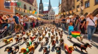 Eine bunte Szene der Dackelparade in Regensburg, bei der Hunderte von Dackeln in den Straßen der historischen Altstadt spazieren, begleitet von jubelnden Menschen und Sonnenschein. Im Hintergrund ist die alte Architektur der Stadt sichtbar.