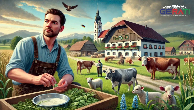 Bayerischer Landwirt bei der Arbeit auf einem Feld, umgeben von traditionellen Bauernhäusern und Bergen im Hintergrund.