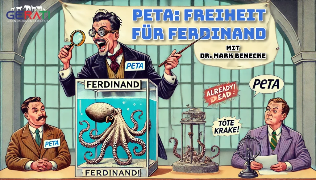 Ein satirisches Bild zeigt eine Szene, in der PETA die Freilassung einer bereits toten Krake fordert, dargestellt durch ein Skelett in einem Glas-Aquarium. Dr. Mark Benecke präsentiert im Hintergrund absurdes Expertenwissen über Kraken und gestikuliert dramatisch mit einer Lupe in der Hand. Ein Banner im Hintergrund verkündet „PETA fordert Freiheit für tote Krake