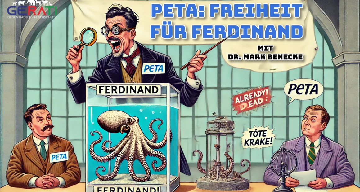 Ein satirisches Bild zeigt eine Szene, in der PETA die Freilassung einer bereits toten Krake fordert, dargestellt durch ein Skelett in einem Glas-Aquarium. Dr. Mark Benecke präsentiert im Hintergrund absurdes Expertenwissen über Kraken und gestikuliert dramatisch mit einer Lupe in der Hand. Ein Banner im Hintergrund verkündet „PETA fordert Freiheit für tote Krake