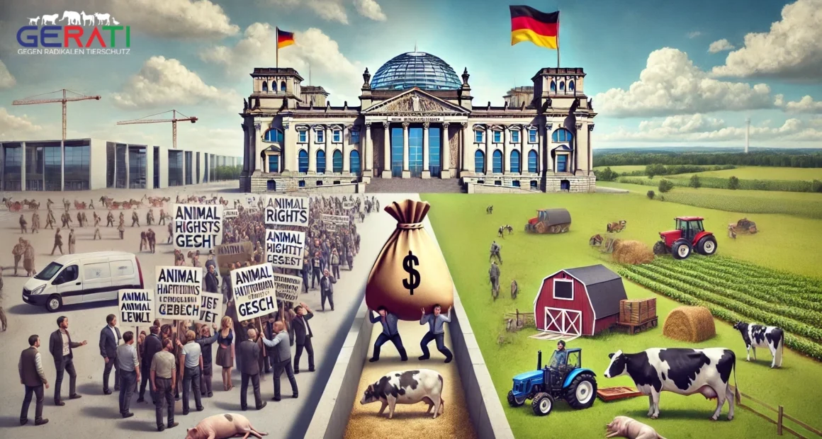 Menschen blicken aufmerksam auf das deutsche Reichstagsgebäude. Auf der linken Seite stehen Tierschützer in einer Protestszene, während rechts Landwirte in einem ländlichen Umfeld zu sehen sind, die unter einer finanziellen Belastung leiden. Der Reichstag schwebt im Zentrum und symbolisiert die gesetzgebende Macht.