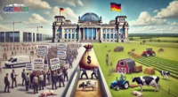 Menschen blicken aufmerksam auf das deutsche Reichstagsgebäude. Auf der linken Seite stehen Tierschützer in einer Protestszene, während rechts Landwirte in einem ländlichen Umfeld zu sehen sind, die unter einer finanziellen Belastung leiden. Der Reichstag schwebt im Zentrum und symbolisiert die gesetzgebende Macht.