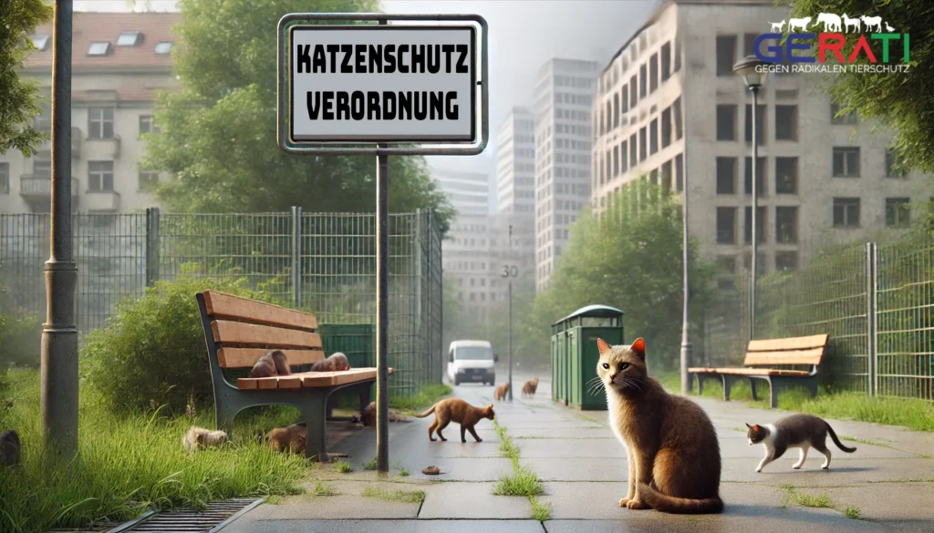 Streunende Katzen in einem Stadtpark mit Schild zur Katzenschutzverordnung im Hintergrund