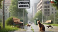 Streunende Katzen in einem Stadtpark mit Schild zur Katzenschutzverordnung im Hintergrund