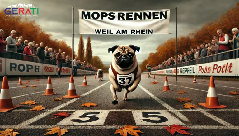Ein Mops mit einem bunten Rennhemd sitzt auf einer Rennbahn, die von kleinen Fähnchen gesäumt ist. Im Hintergrund jubeln Menschen, während das Ende des Rennens symbolisch durch ein Schild markiert wird.