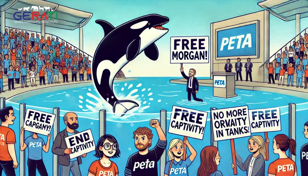 Morgan, der Orca, springt aus einem Becken, während Sarah Connor und PETA-Aktivisten am Beckenrand gegen seine Haltung protestieren. Sarah Connor hält ein Schild mit der Aufschrift "Free Morgan!" im Rahmen des Protests von Sarah Connor und PETA.