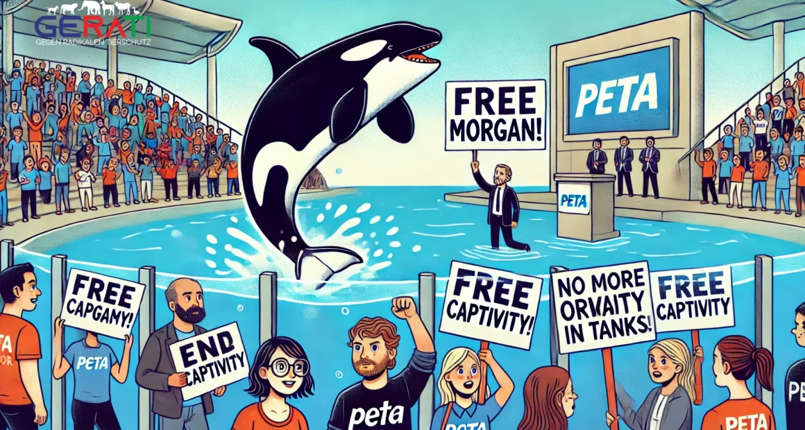 Morgan, der Orca, springt aus einem Becken, während Sarah Connor und PETA-Aktivisten am Beckenrand gegen seine Haltung protestieren. Sarah Connor hält ein Schild mit der Aufschrift "Free Morgan!" im Rahmen des Protests von Sarah Connor und PETA.