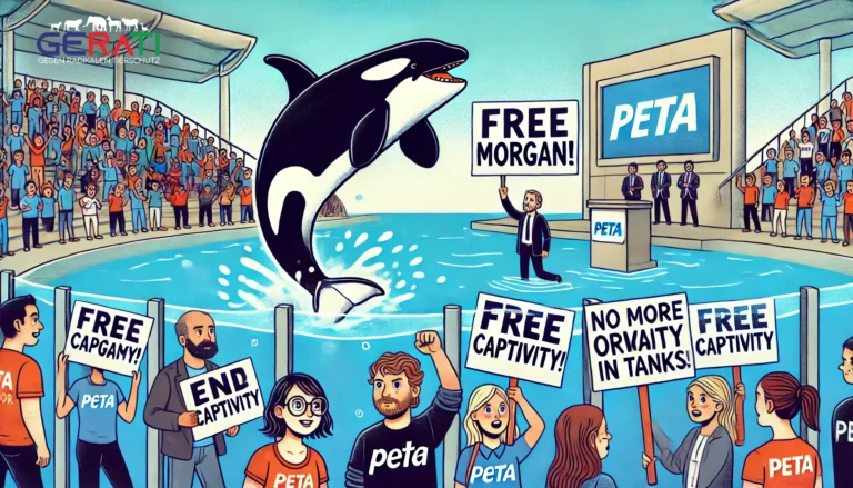 Sarah Connor hält ein Mikrofon, im Hintergrund sind Banner mit der Aufschrift „Free Morgan“ und „Kein Profit auf Kosten der Tiere“ zu sehen.