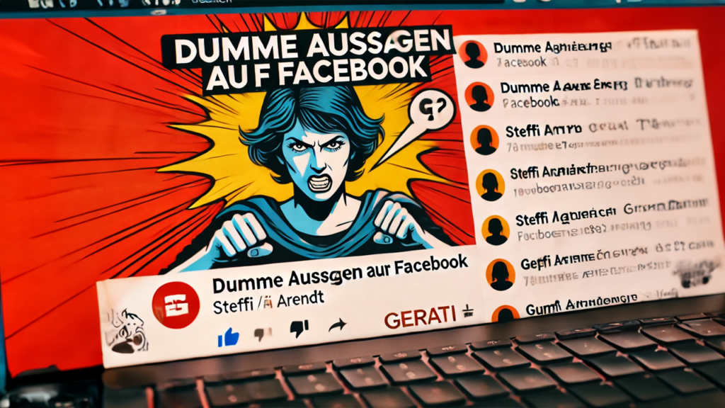 'Dumme Aussagen auf Facebook', das eine hitzige Facebook-Debatte und eine Silhouette zeigt, die Steffi GAP Arendt repräsentiert