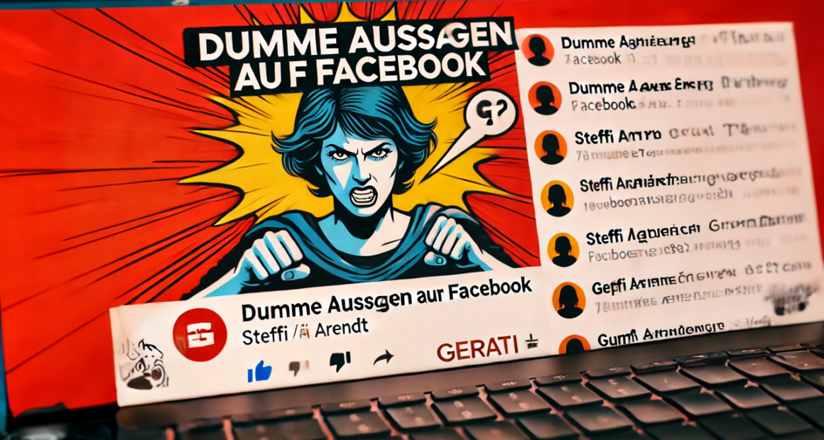 'Dumme Aussagen auf Facebook', das eine hitzige Facebook-Debatte und eine Silhouette zeigt, die Steffi GAP Arendt repräsentiert