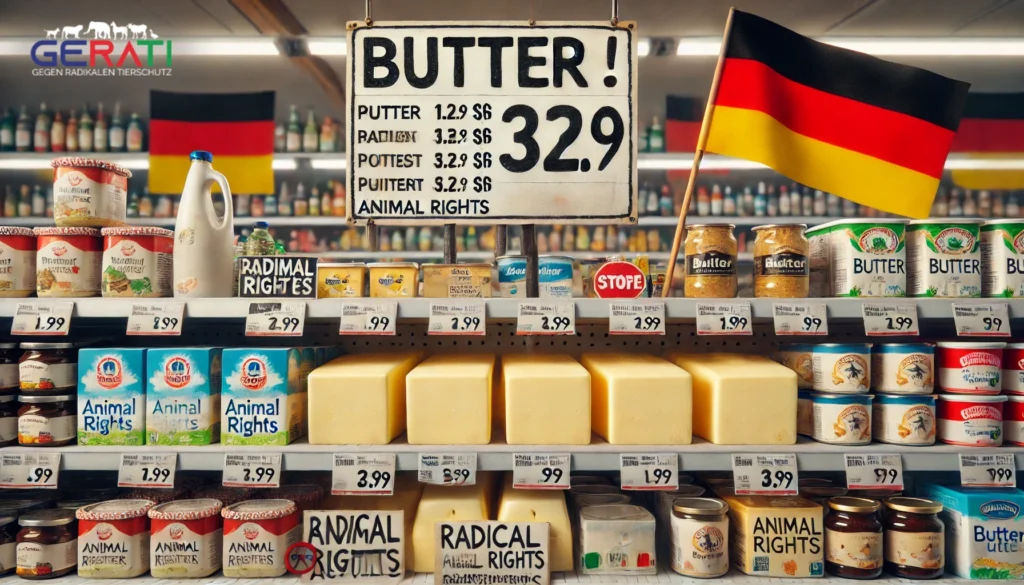 Ein fotorealistisches Bild, das die steigenden Butterpreise in Deutschland darstellt, beeinflusst durch die radikale Tierrechtsbewegung und politische Entscheidungen.