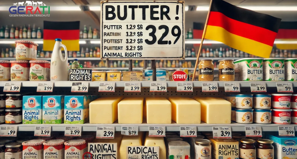 Ein fotorealistisches Bild, das die steigenden Butterpreise in Deutschland darstellt, beeinflusst durch die radikale Tierrechtsbewegung und politische Entscheidungen.