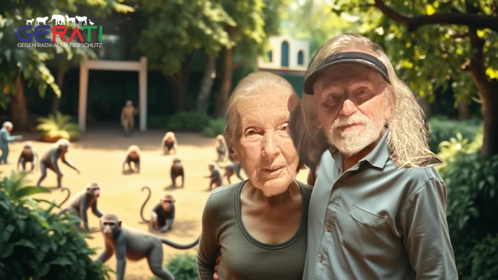 Dr. Jane Goodall und Colin Goldner stehen vor einem großen Affengehege in einem Zoo, umgeben von grüner Natur, mit spielenden Affen im Hintergrund.