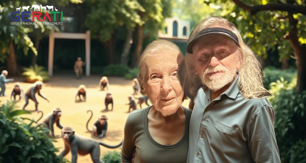 Dr. Jane Goodall und Colin Goldner stehen vor einem großen Affengehege in einem Zoo, umgeben von grüner Natur, mit spielenden Affen im Hintergrund.