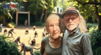 Dr. Jane Goodall und Colin Goldner stehen vor einem großen Affengehege in einem Zoo, umgeben von grüner Natur, mit spielenden Affen im Hintergrund.