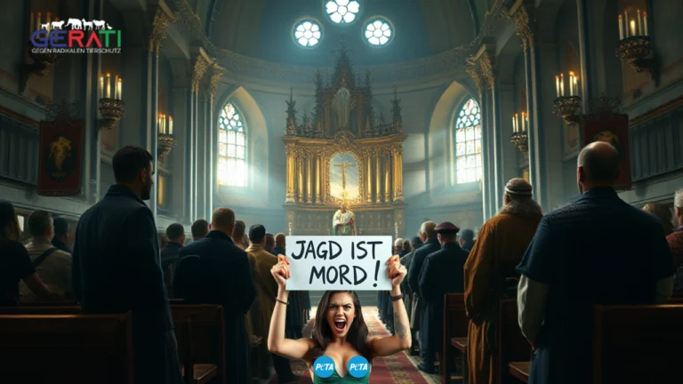 Eine traditionelle Hubertusmesse in einer Kirche mit stimmungsvollem Kerzenlicht und Jägern in feierlicher Kleidung. Im Vordergrund steht die Debatte um den Tierschutz und PETAs Kritik an religiösen Traditionen.