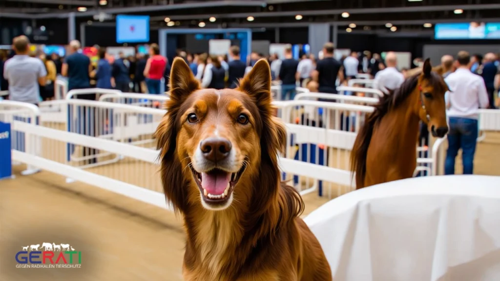 Hunde und Pferde auf der Hund & Pferd Messe Dortmund, mit Besuchern im Hintergrund, die Tiere beobachten.