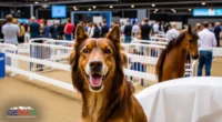 Hunde und Pferde auf der Hund & Pferd Messe Dortmund, mit Besuchern im Hintergrund, die Tiere beobachten.