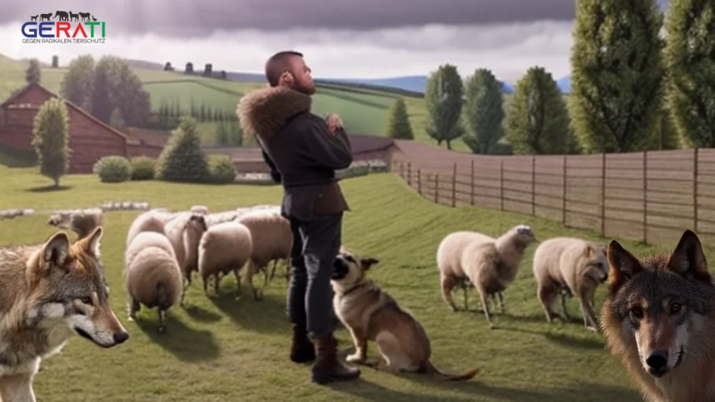 Ein Schäfer mit seiner Herde, im Hintergrund ein Wolf und ein Zaun als Schutzmaßnahme, dramatische Atmosphäre