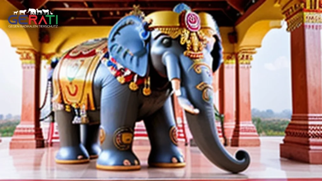 Mechanischer Elefant in einem indischen Tempel, der eine Mischung aus Tradition und Technologie darstellt, mit Gläubigen im Hintergrund und einem subtil sichtbaren PETA-Logo.