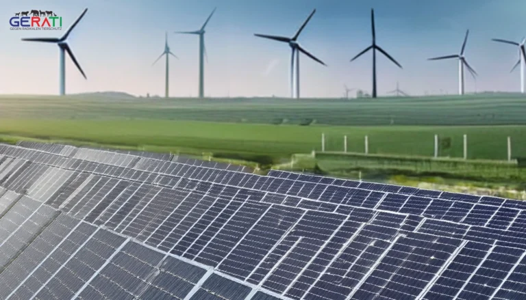 Eine moderne Windkraftanlage in einer grünen Landschaft mit Vögeln am Himmel.