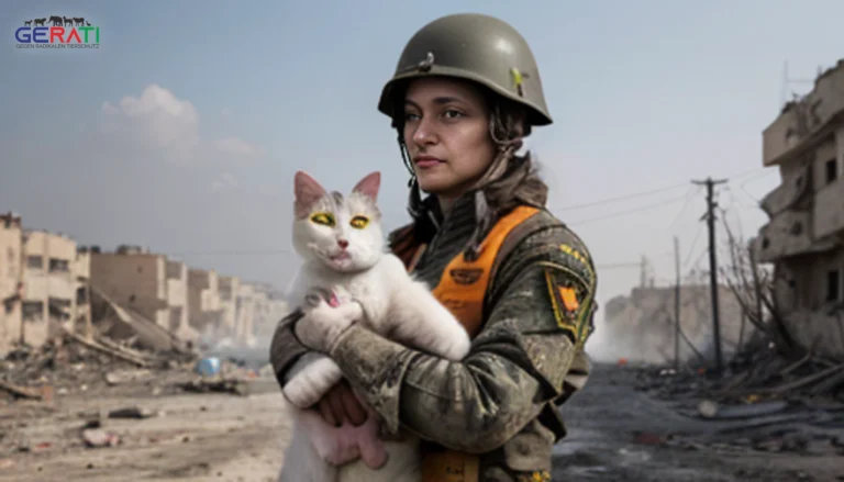 Eine symbolische Szene mit einem Hund und einer Katze in einem zerstörten Kriegsgebiet in der Ukraine, die die Notlage von Tieren in Konfliktzonen verdeutlicht.