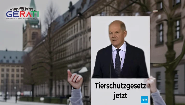 Alternativtext Demonstranten mit Schildern, die stärkere Tierschutzgesetze fordern, vor dem Bundestag.