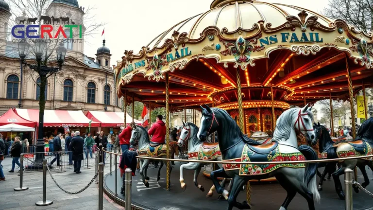 Ein historisches Karussell auf dem Hamburger Dom, mit traditionellen Holzponys, umgeben von Lichtern und fröhlichen Menschen in der Abenddämmerung. Im Hintergrund symbolisiert eine Protestgruppe den gesellschaftlichen Wandel und die Diskussion um Tierschutz.