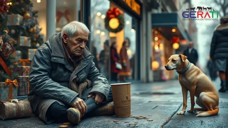 Ein alter obdachloser Mann mit zerrissenem Mantel sitzt traurig auf einer winterlichen Straßenszene zur Weihnachtszeit vor einem festlich dekorierten Kaufhaus. Neben ihm liegt ein zerzauster Hund, der ebenfalls hilflos wirkt. Menschen laufen achtlos vorbei, ohne sie zu beachten, während ein alter Pappkaffeebecher auf dem Boden vor ihnen steht.