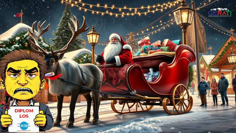 Ein Rentier auf einem festlich beleuchteten Weihnachtsmarkt, umgeben von fröhlichen Kindern und Erwachsenen, die das Tier liebevoll betrachten.