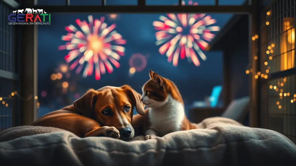 Ein Tierheim bei Nacht, während des Silvesterabends, im Schutz vor Feuerwerkslärm. Drinnen liegen entspannt ein Hund und eine Katze auf einer Decke, w\u00e4hrend durch die Fenster verschwommenes Feuerwerk sichtbar ist. Die Szene betont den notwendigen Schutz durch ein Feuerwerksverbot für Tierheime.
