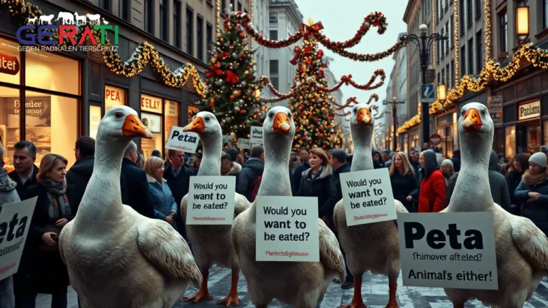PETA Demonstration Weihnachten: Aktivisten in Gänsekostümen protestieren auf einer weihnachtlich dekorierten Straße in Hamburg gegen Fleischkonsum, umgeben von Passanten vor einem festlich beleuchteten Hintergrund mit Lichtern und Weihnachtsbaum.