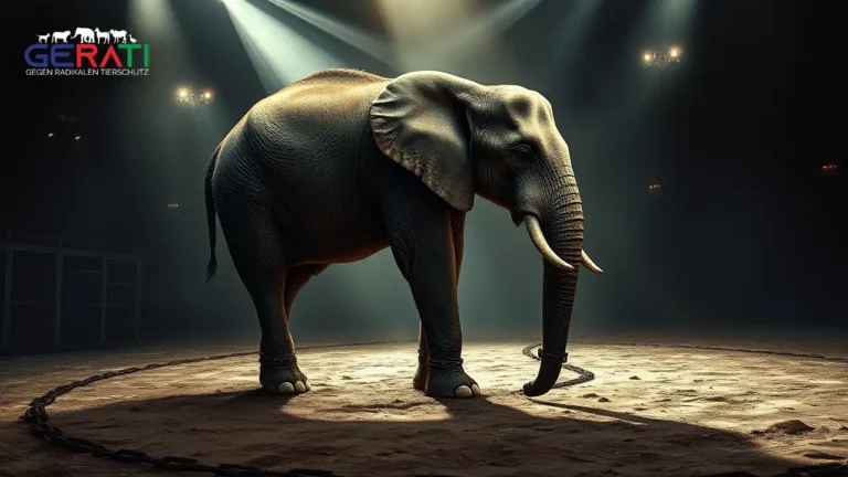 Ein angeketteter Elefant steht in einer düsteren Zirkusarena mit gesenktem Kopf, umgeben von tristem Licht und eingedrücktem Boden, der die Spuren von Ketten zeigt. Im Hintergrund sind unscharfe Silhouetten von Käfigen und leeren Sitzreihen zu erkennen, die das Leid und die Isolation des Tieres verdeutlichen. Das Bild thematisiert den Missbrauch von Wildtieren im Zirkus und unterstreicht die Dringlichkeit eines Zirkus-Wildtierverbots.