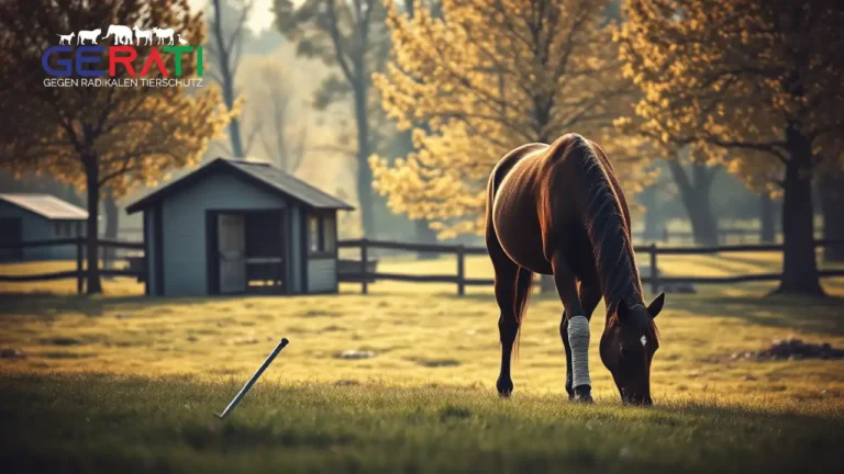 Ein Pferd mit verbundenem Bein steht auf einer grünen Weide eines Reha-Hofs, umgeben von herbstlichen Bäumen und einem kleinen Stall im Hintergrund. Ein scharfer Gegenstand im Gras deutet auf einen möglichen Unfall hin, der das Tier verletzt hat. Der Alternativtext unterstreicht das Thema Tierquälerei und die Bedeutung von Vorsicht und Tierwohl.