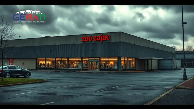 Außenansicht von Zoo Zajac in Duisburg an einem bewölkten Tag, mit einem leicht verblassten Logo und einer halb leeren Parkfläche, die den Rückgang der Besucherzahlen zeigt. Die melancholische Atmosphäre deutet auf die aktuellen Herausforderungen des Zoofachgeschäfts hin.