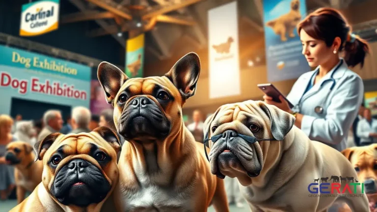 Ein Tierarzt untersucht auf einer Hundemesse einen French Bulldog und einen Mops, um auf gesundheitliche Aspekte von Qualzuchtmerkmalen hinzuweisen. Im Hintergrund sind Züchter, Besucher und Richter in einer festlichen Ausstellungshalle mit Bannern zur Tierschutz-Hundeverordnung zu sehen. Die Szene vermittelt die Spannung zwischen der Schönheit der Tiere und den ethischen Herausforderungen der Hundezucht.