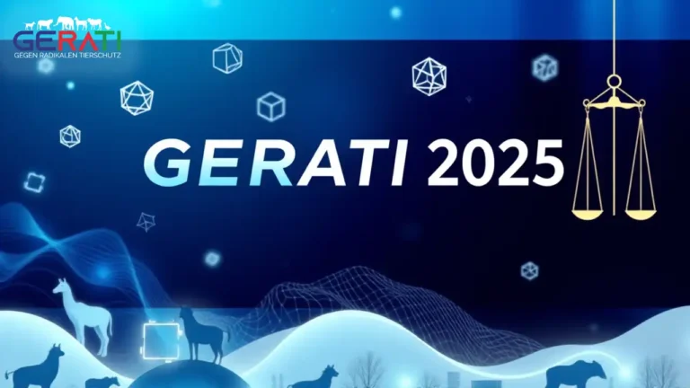 Ein modernes Titelbild mit dem Schriftzug "GERATI 2025", umgeben von symbolischen Elementen wie Datenströmen und Tierfiguren, die die Themen Technologie, Tierschutz und Zukunftsvisionen verbinden.