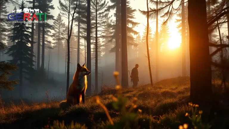 Ein Rotfuchs steht aufmerksam auf einem Waldboden voller Herbstlaub, im Hintergrund sind schemenhaft Jäger in traditioneller Kleidung zu erkennen, die teils vom Nebel verdeckt sind. Sonnenstrahlen durchbrechen die Bäume und schaffen eine mystische Atmosphäre. Ein schiefer Holzwegweiser mit der Aufschrift „Schutzgebiet“ deutet auf die Kontroverse rund um die Raubwildwoche hin.