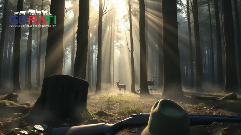 Ein nebelverhangener Wald in Deutschland am frühen Morgen, mit einem gebrochenen Jagdgewehr auf einem Baumstumpf und einem verlassenen Jägerhut, das die Debatte um die Hobbyjagd symbolisiert.