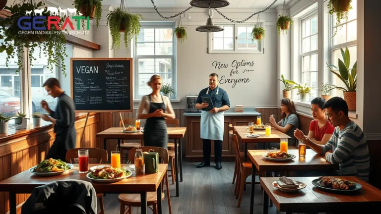 Ein gemütliches veganes Restaurant mit Holztischen und Pflanzen, in dem ein Koch ein Menü präsentiert, das vegane Gerichte und Fleischgerichte umfasst. Gäste sitzen an den Tischen und genießen unterschiedliche Speisen, während im Hintergrund ein Schild auf die neuen Optionen hinweist.