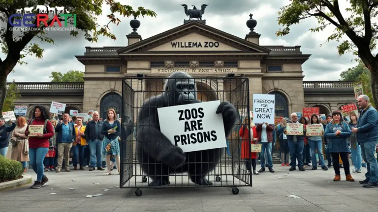 Eine Protestszene vor der Wilhelma in Stuttgart: Ein als Gorilla verkleideter Aktivist sitzt in einem symbolischen Käfig und hält ein Schild mit der Aufschrift „Ende der Menschenaffenhaltung jetzt“. Um den Käfig versammeln sich Demonstranten mit Bannern wie „Freiheit für Menschenaffen“ und „Zoos sind Gefängnisse“. Im Hintergrund ist der Eingang der Wilhelma mit seinen historischen Details zu sehen. Die Szene strahlt Entschlossenheit und Mitgefühl für Tierrechte aus und setzt ein starkes Zeichen für den PETA-Protest Wilhelma.