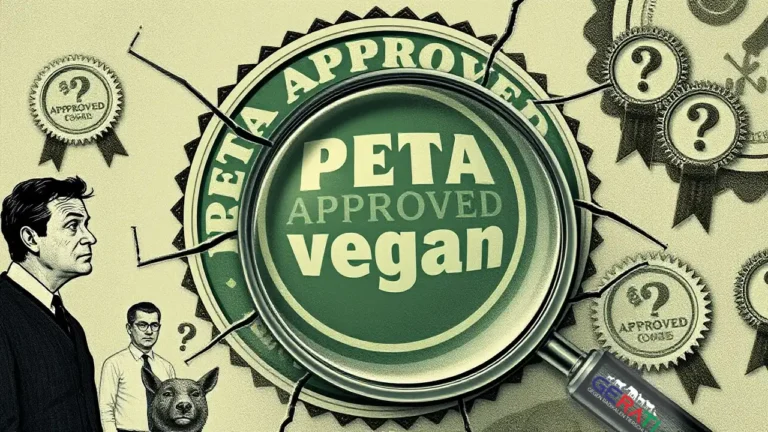 Illustration eines gebrochenen ‚PETA-Approved Vegan‘-Siegels im Zentrum, umgeben von kritisch dreinblickenden Verbrauchern und einer Lupe mit Fragezeichen. Im Hintergrund dezent angedeutete Tiere, Geldscheine und Award-Bänder, die auf Interessenkonflikte und mögliche Täuschung und auf den PETA Approved Vegan Betrug hinweisen