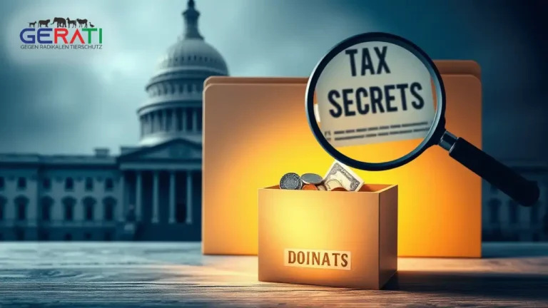 Symbolbild zur Spenden-Transparenz in Deutschland: Eine beleuchtete Spendenbox mit Geldscheinen, davor ein Dokument mit geschwärzten Steuerinformationen, im Hintergrund ein unscharfes Regierungsgebäude.