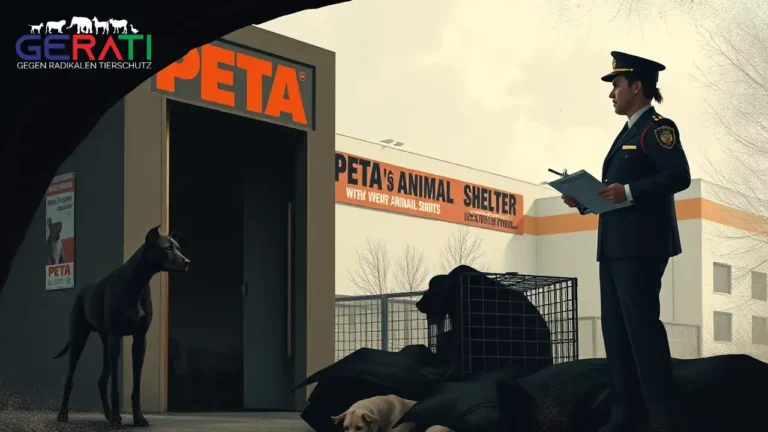 Ein kontrastreiches Bild, das die Diskrepanz zwischen PETAs öffentlichem Image und den tatsächlichen Vorwürfen zeigt. Während die Vorderseite eines modernen Tierheims mit PETA-Logo freundlich und einladend wirkt, offenbart sich im Hintergrund eine düstere Szene: tote Tiere in schwarzen Säcken, eine kühle, sterile Umgebung und ein emotionsloser Mitarbeiter mit Klemmbrett.
