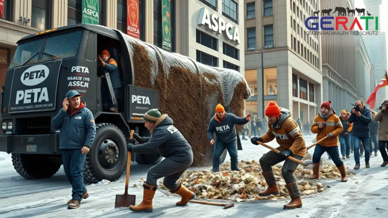 Ein chaotischer PETA-Protest in New York: Ein Lastwagen voller Mist, der nicht entladen werden kann, verzweifelte Aktivisten mit Schaufeln und eine herannahende Polizei. Die Protestaktion endet in einem peinlichen Fiasko.