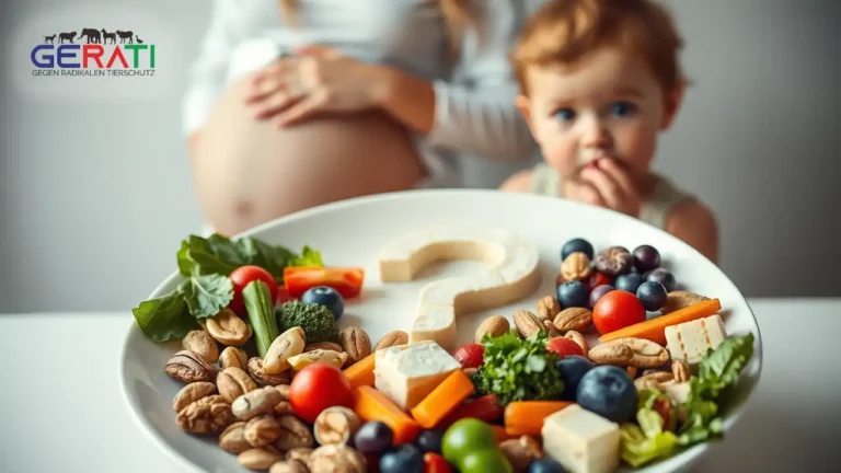 Ein Teller mit veganen Lebensmitteln wie Gemüse, Nüssen, Hülsenfrüchten und Tofu, in dessen Mitte eine Lücke in Form eines Fragezeichens fehlt. Im Hintergrund eine nachdenkliche schwangere Frau und ein besorgt blickendes Kind auf die vegane Ernährung.